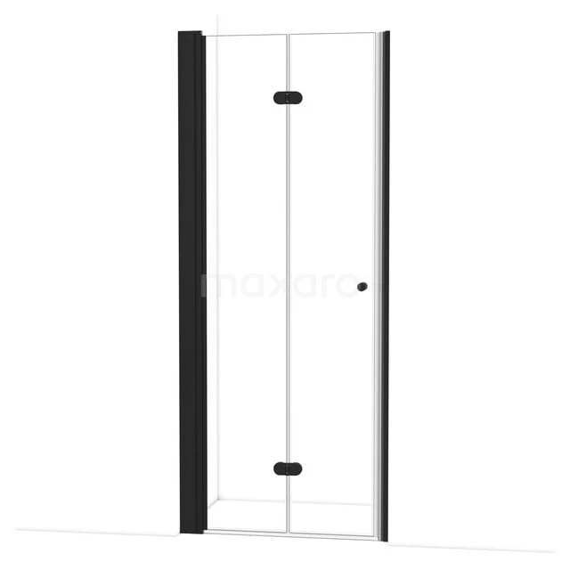 Schwarze Duschtür mit Klarglas, matt schwarzen Scharnieren und schlankem Design, ideal für ein modernes Badezimmer.