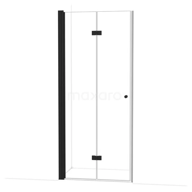 Glasene Duschtür mit schwarzen Scharnieren, minimalistisches Design, ideal für ein modernes Badezimmer.