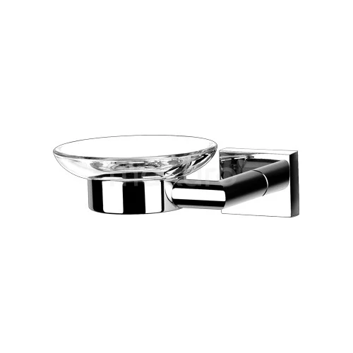 Chrome soap dispenser holder with glass dish, modern design, ideal for stylish bathroom decoration.