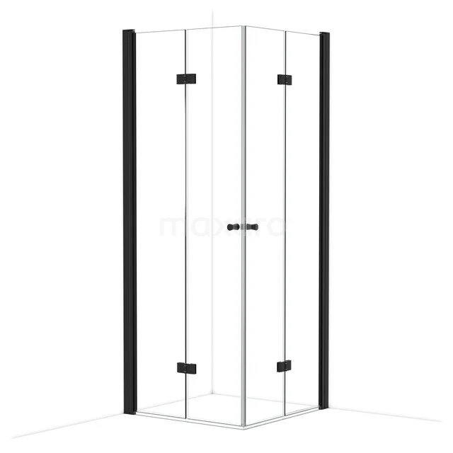 Corner shower wall with clear glass and black profiles, modern style, ideal for a stylish bathroom design.