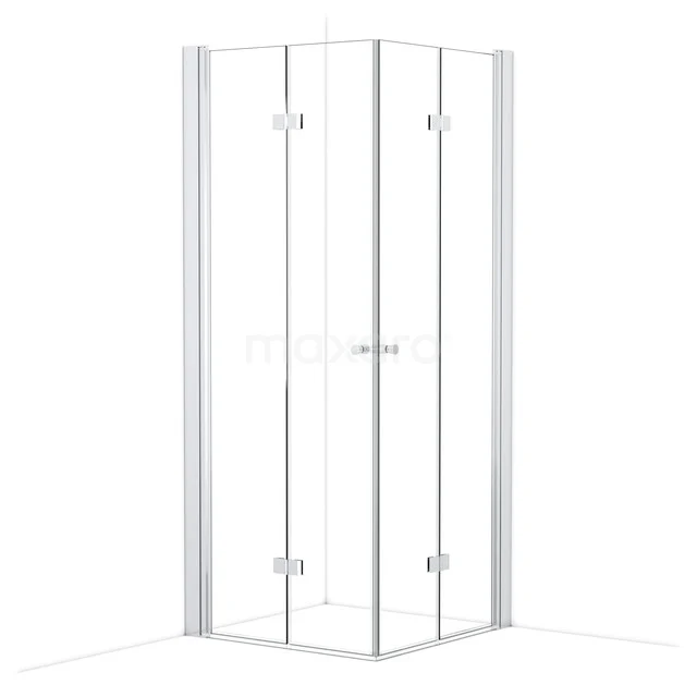 Glas Duschkabine Eckeinstieg, quadratisch, mit Schiebetüren und schlankem Aluminiumrahmen, ideal für moderne Bäder.