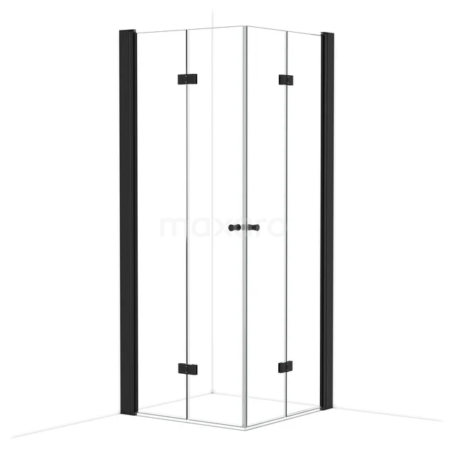 Corner shower cabin with clear glass, black profiles and hinged doors, ideal for a modern bathroom.