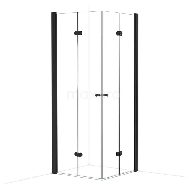Eck-Duschkabine mit Klarglas, schwarzen Profilen und Scharnier-Türen, ideal für ein modernes Badezimmer.