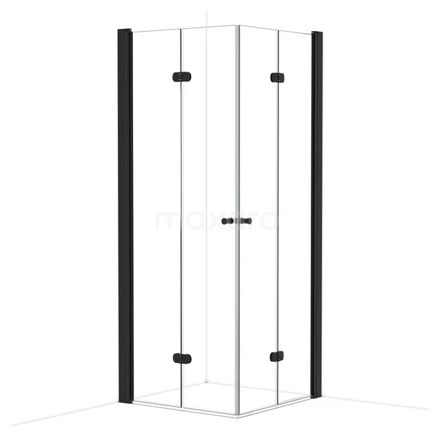 Eck-Duschkabine mit schwarzen Metallprofilen und transparentem Glas, perfekt für einen modernen Badezimmerstil.