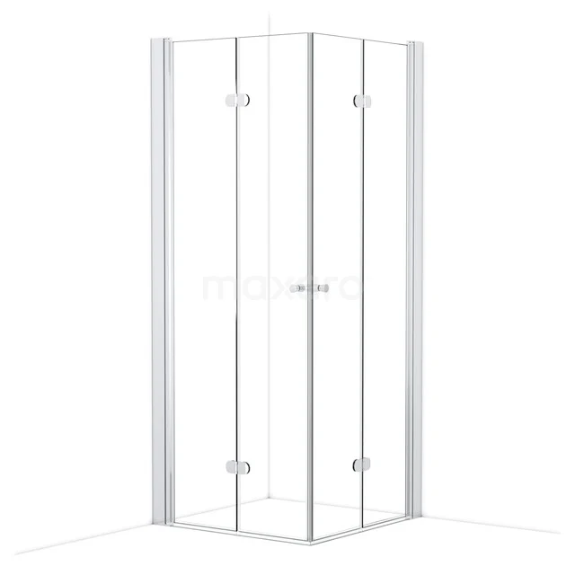 Corner shower cabin, transparent glass, aluminium profiles, space-saving design, ideal for modern bathrooms.