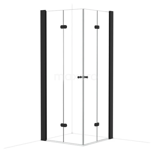 Black corner shower with glass sliding doors, minimalist design and aluminium profile, perfect for a modern bathroom.