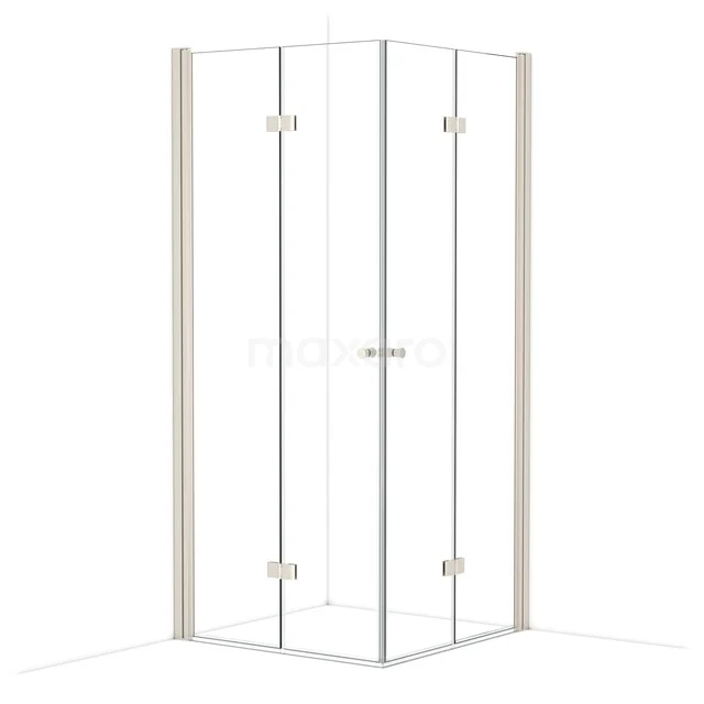 Glass shower cabin with corner entry, transparent design and chrome hinges, ideal for a modern bathroom.