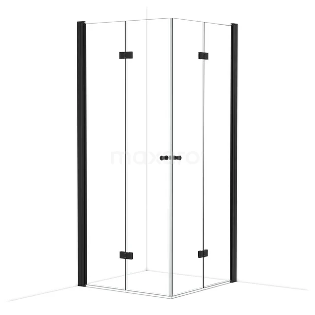 Duschkabine Eckeinstieg, quadratisch, Glas mit schwarzen Akzenten, modernes Design, ideal für ein stilvolles Badezimmer.