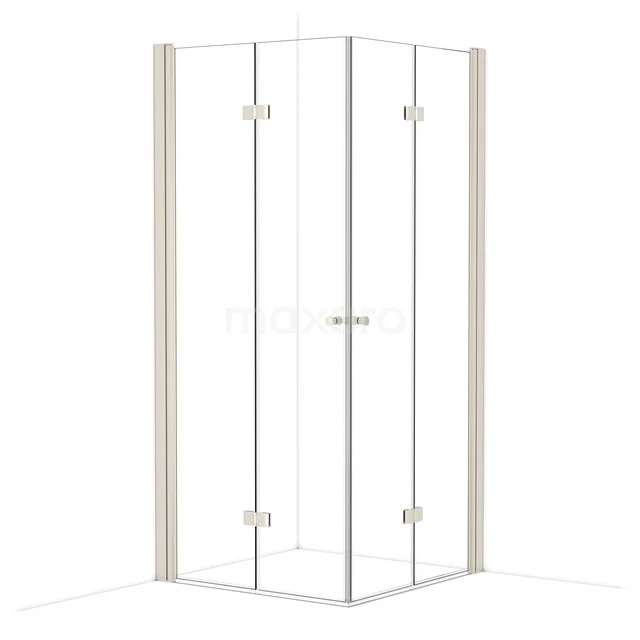 Glass shower cabin, corner model with hinge system, transparent glass in sleek aluminium frame, ideal for modern bathrooms.