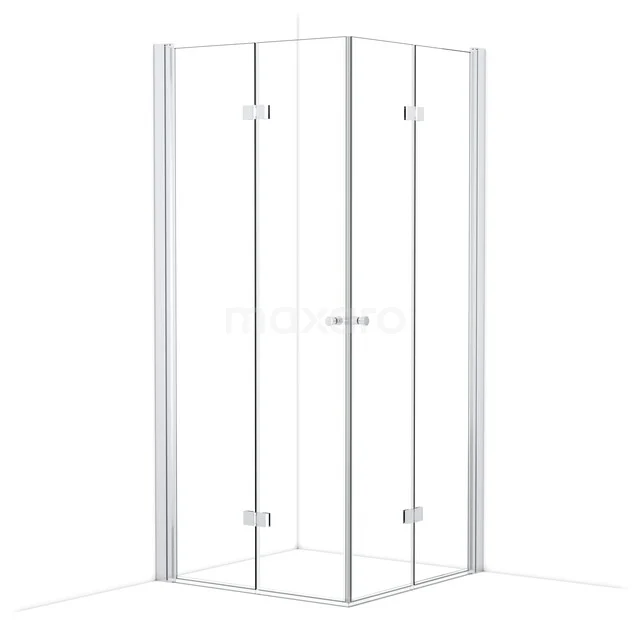 Glass corner shower cabin with hinged doors, sleek design and aluminium profiles, ideal as a compact bathroom solution.