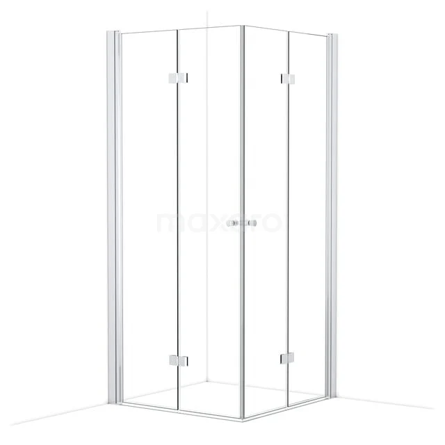 Glasene Eck-Duschkabine mit Drehtüren, modernes Design und Aluminium-Profile, ideal als kompakte Badezimmerlösung.