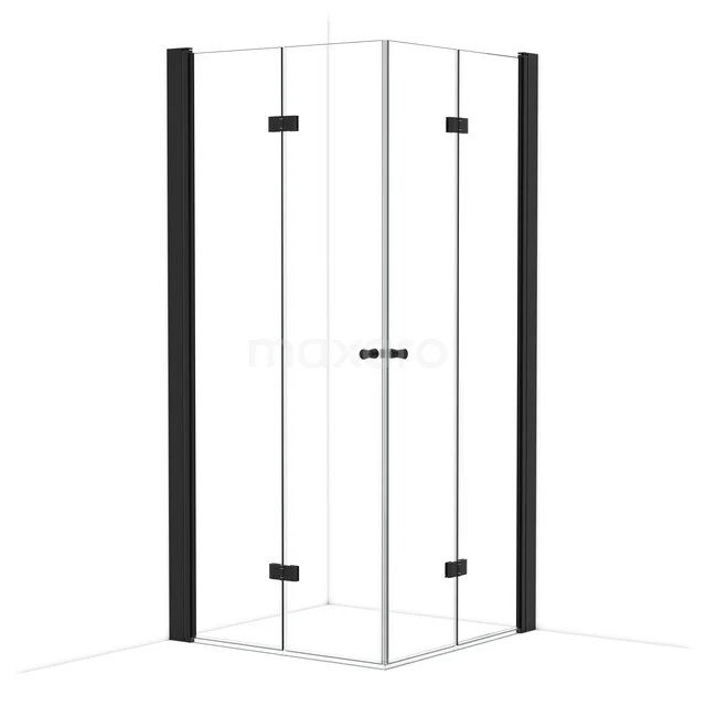 Duschkabine Eckmodell quadratisch, weiß mit schwarzen Akzenten, modernes Design, gläserne Wände, ideal für jeden Badezimmerstil.