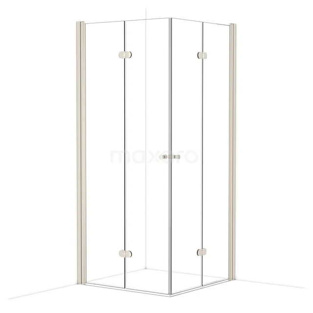 Glasene Duschkabine mit Eckeinstieg, schlanke Aluminiumprofile und Scharnier Türen, ideal für ein modernes Badezimmer.