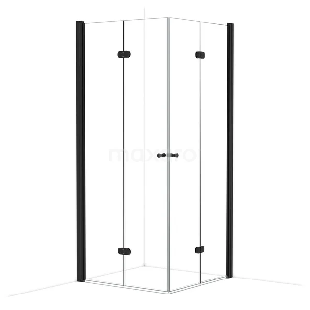 Corner shower cabin with black and white profiles, glass doors and minimalist design, ideal for a modern bathroom.