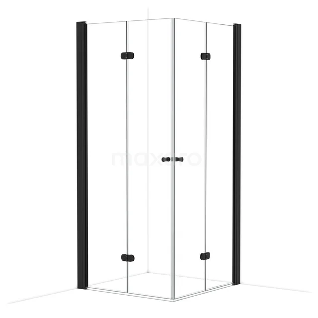 Black corner shower cabin with glass walls and sleek aluminium profiles, ideal for a modern bathroom.