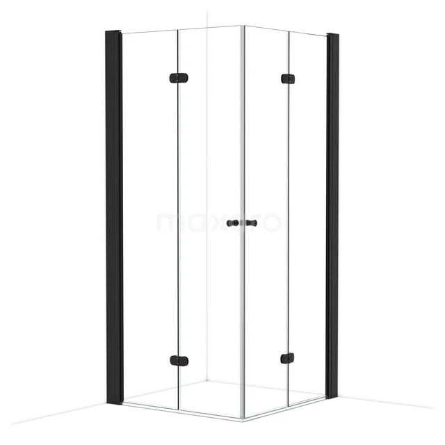 Duschkabine Eckmodell mit Klarglas, schwarzen Akzenten und Aluminiumprofilen, perfekt für ein modernes Badezimmer.