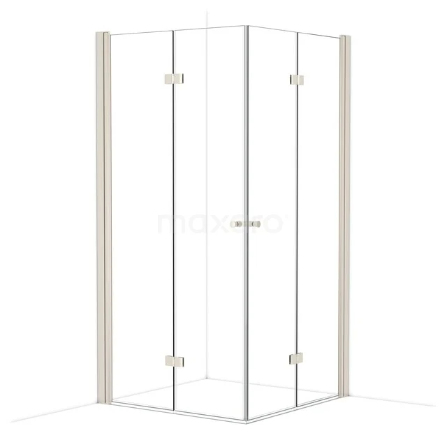 Glass shower cabin with corner entry, aluminium profiles, transparent glass; stylish bathroom design for a modern look.