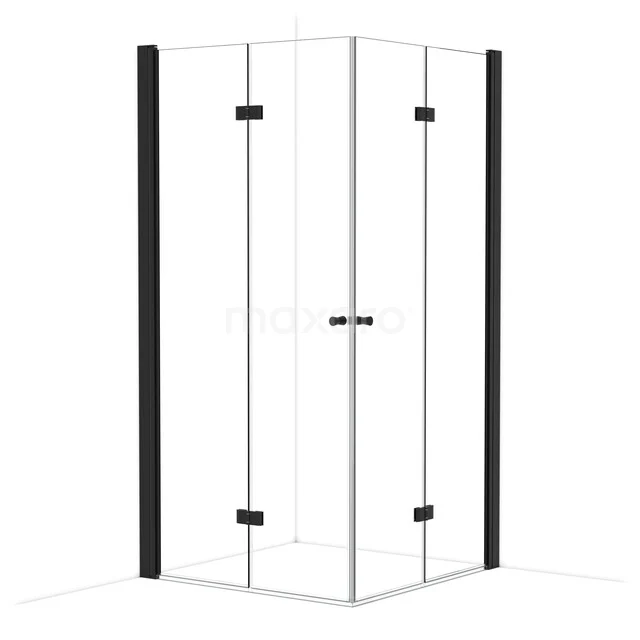 Corner shower with black profile, glass doors and modern design, ideal for a stylish bathroom decor.