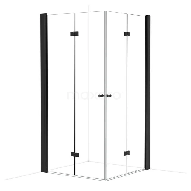 Eck-Duschkabine mit schwarzen Profilen, Glastüren und modernem Design, ideal für einen modernen Badezimmerstil.