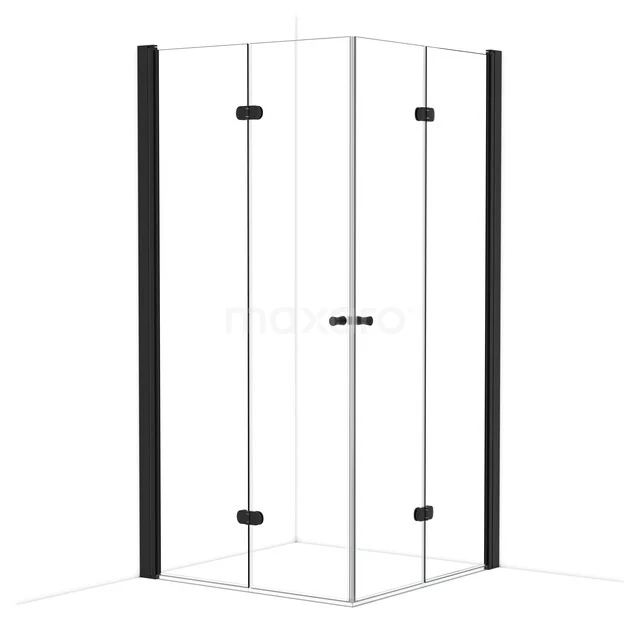 Corner shower cabin with black profiles, clear glass and hinged doors, ideal for a modern bathroom style.