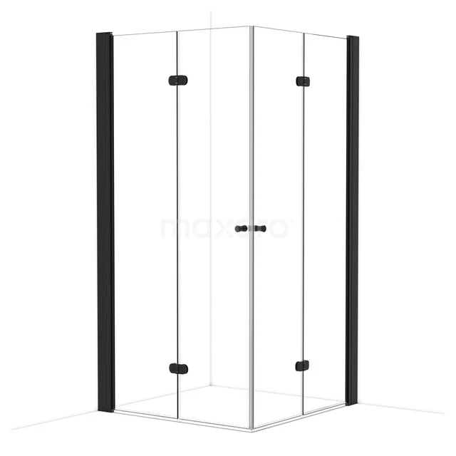 Corner shower cabin with glass walls and black aluminium profiles, modern design for a stylish bathroom decor.