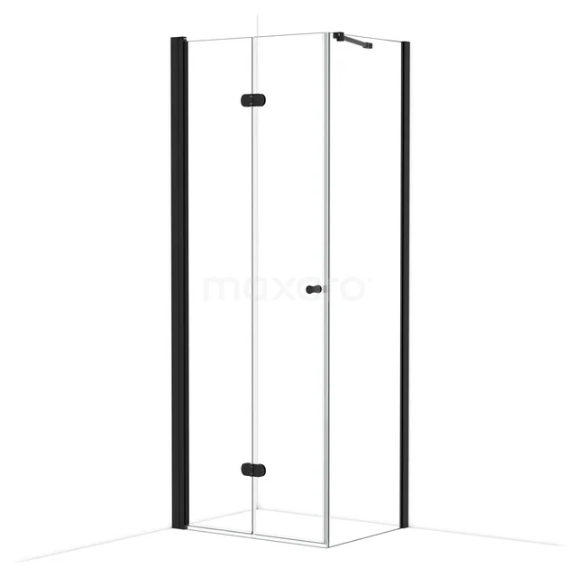 Strakke Ecke Dusche mit Glaswänden, schwarzen Akzenten und modernem Design; perfekt für ein stilvolles Badezimmer.