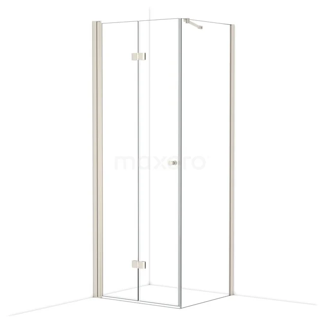 Glass shower cabin with clear safety glass, corner model with hinged door and aluminium profiles, ideal for modern bathrooms.