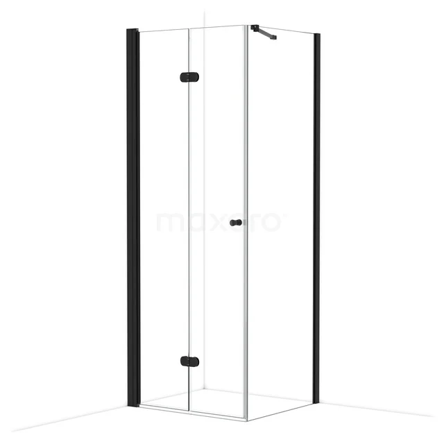 Black corner shower cabin with clear glass and sleek aluminium frame, ideal for a modern bathroom design.