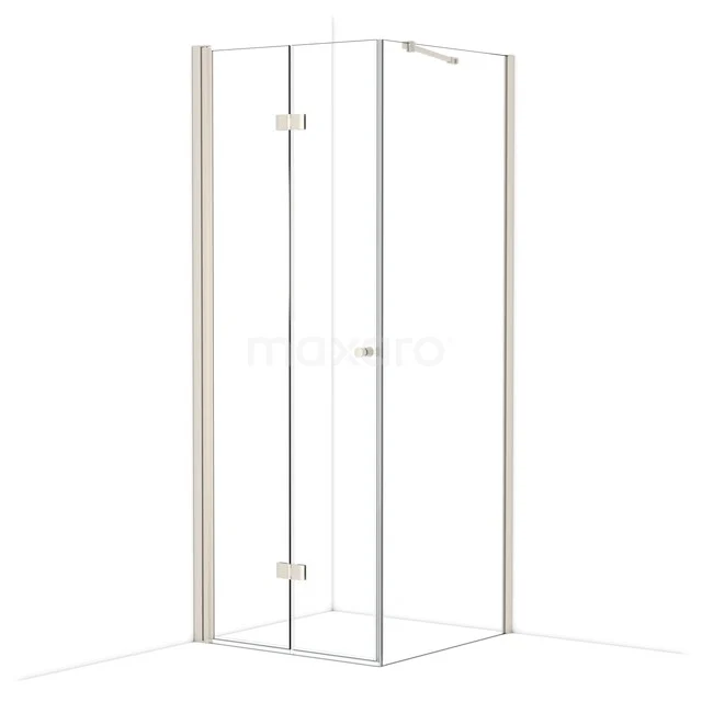 Eck-Duschkabine mit Glaswänden und chromatischen Scharnieren, minimalistisches Design für ein modernes Badezimmer.