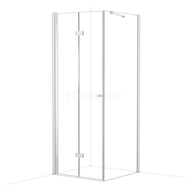Glass shower cabin with corner entry, transparent safety glass, aluminium profiles, sleek design for modern bathrooms.