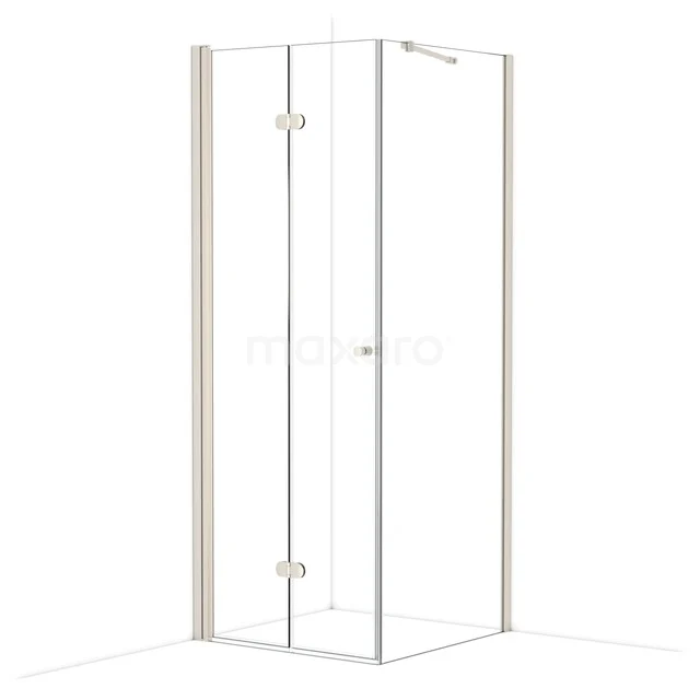 Hoekdouchecabine van glas met aluminium profielen, modern ontwerp, ideaal voor ruimtebesparende badkameroplossingen.
