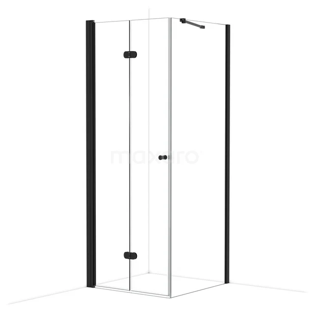 Modern black corner shower cabin made of glass with a hinged door, ideal for any stylish bathroom.