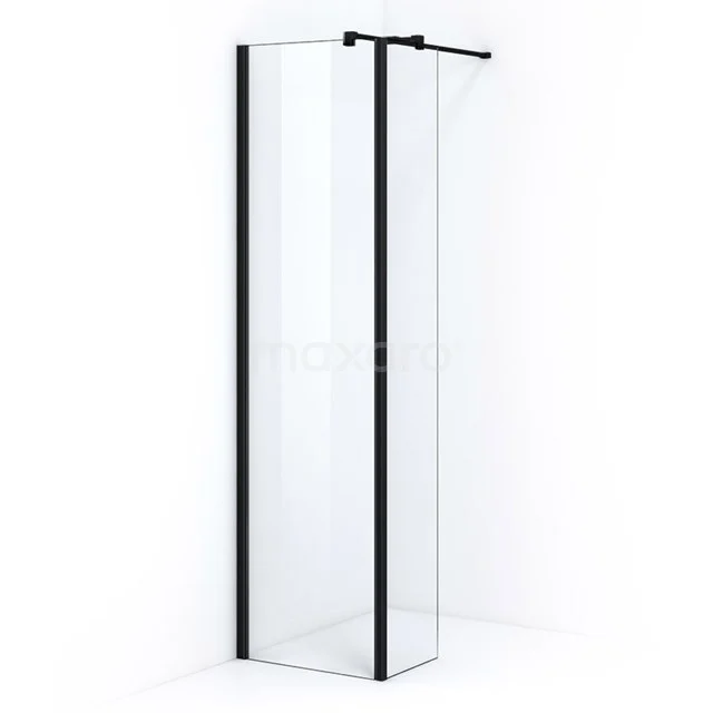 Pearl Walk-in shower | 50 cm Matte black Clear glass Fixed wall with side panel IPC052400M Shower screen made of clear glass with black aluminium profiles, minimalist design, ideal for modern bathroom design.