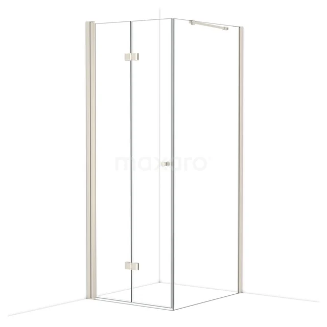 Square glass shower cabin with hinged door, transparent glass and aluminium profiles, ideal for a modern bathroom.