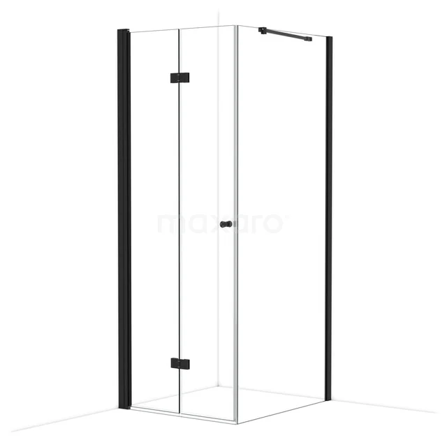 Corner shower cabin with clear glass, black aluminium profiles and hinges; stylish bathroom solution with modern design.