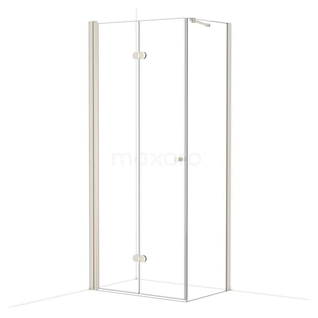 Glass shower cabin with corner design, clear glass and aluminium profiles, ideal for modern bathroom interiors.