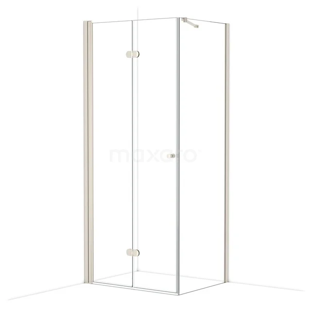 Glass shower cabin with corner entry, sleek aluminium frame and transparent doors, perfect for a modern bathroom style.