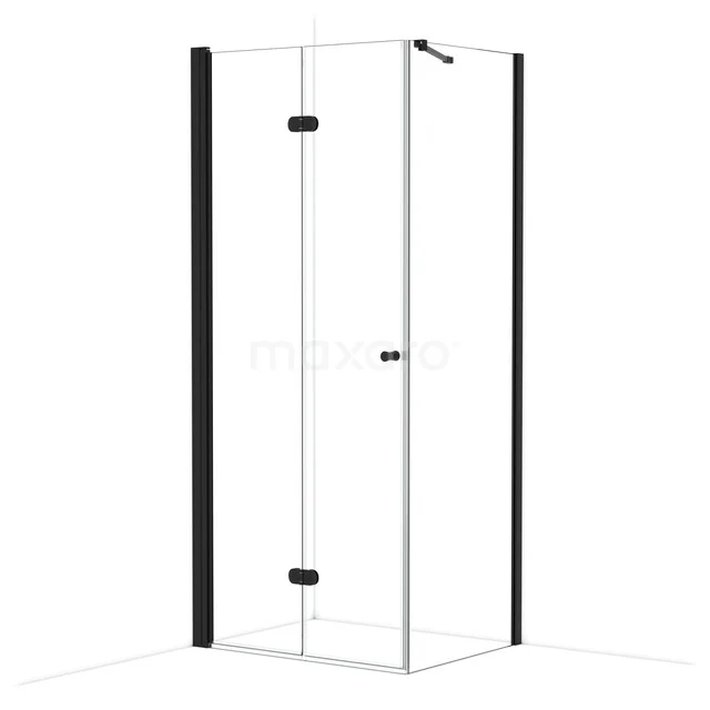 Quadrant shower cabin with black profile, modern glass walls and hinged door, ideal for a stylish bathroom upgrade.