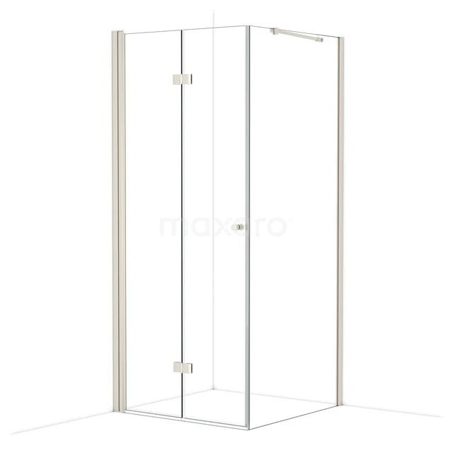 Glas Duschwand mit Eckeinstieg, schlichte Aluminium Profile und Klarglas, ideal für einen modernen Badezimmer Look.