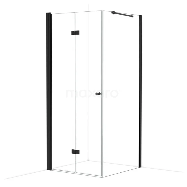 Corner shower cabin with clear glass and matte black profiles, modern design, ideal for a stylish bathroom.