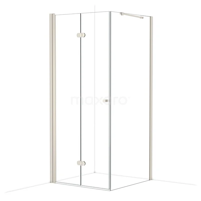Corner shower cabin made of clear glass with a minimalist design, metallic hinges and compact shape, ideal for modern bathrooms.
