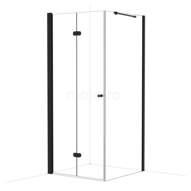 Black aluminium shower cabin with clear glass and hinged door, an ideal addition to a modern bathroom.