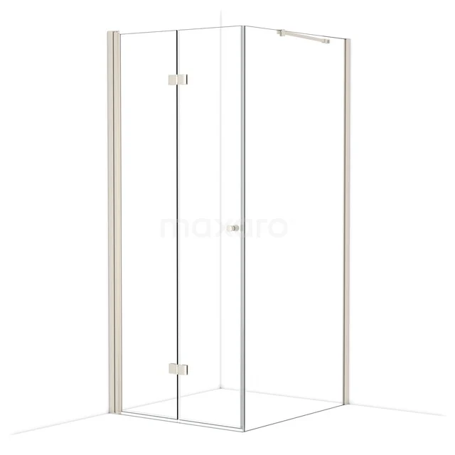Modern glass shower cabin with corner entry, transparent design and metal hinges; ideal for a stylish bathroom.