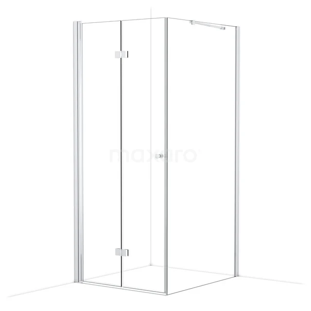 Shower cabin with clear glass and sleek white frame, corner design, ideal for modern bathroom furnishings.