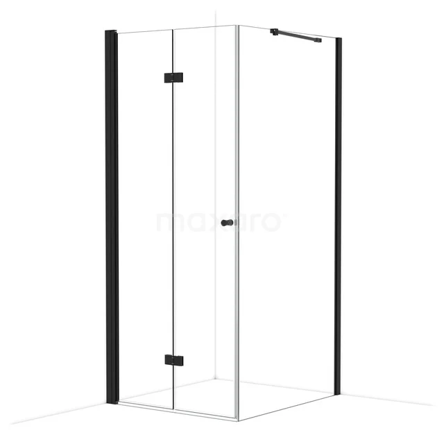 Glass shower cabin with black frame, corner setup and hinged door, modern design, ideal for a stylish bathroom layout.
