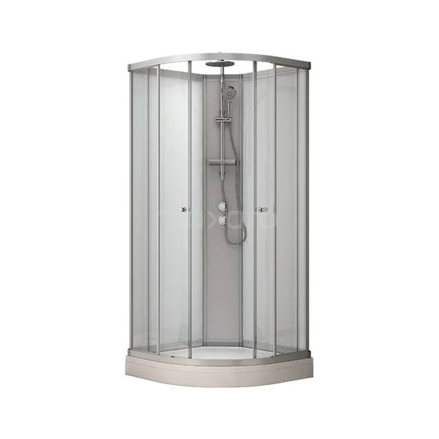 Halfronde douchecabine met schuifdeuren, helder glas en zilveren frame, ideaal voor een stijlvolle en praktische badkamer.