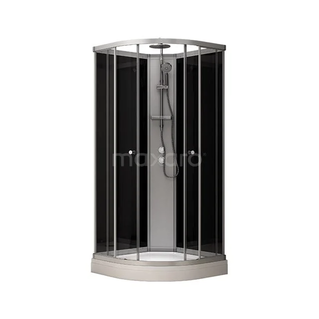 Runde Duschkabine Schwarz Glas, Chromprofile, mit integrierter Regendusche und Handbrause, ideal für moderne Bäder.