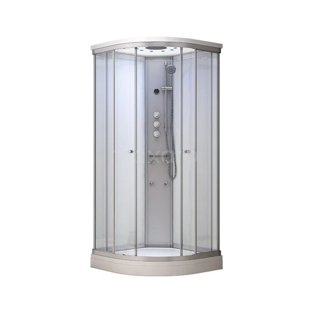 Runde Duschkabine mit Glaswänden, silbernem Rahmen und eingebautem Hydromassagesystem, ideal für ein luxuriöses Badezimmererlebnis.