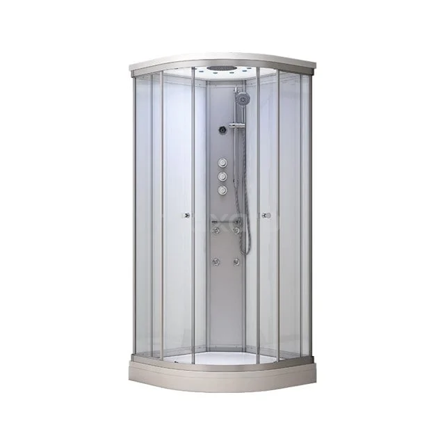 Komplettes Duschkabinen-Set | Glas AK1010-420100 Runde Duschkabine mit Glaswänden, silbernem Rahmen und eingebautem Hydromassagesystem, ideal für ein luxuriöses Badezimmererlebnis.