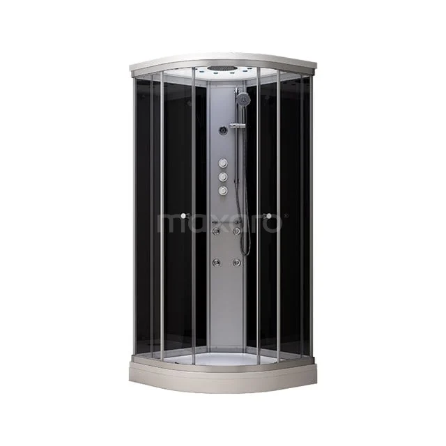 Komplettes Duschkabinen-Set 90x90cm Schwarz Modera Wassermassage LED-Beleuchtung AK0909-421100 Luxe schwarze Duschkabine mit runder Form, gläsernen Wänden und eingebauter Regendusche, perfekt für ein stilvolles Badezimmer.